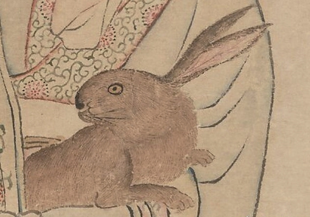 明代苏州画家唐伯虎《嫦娥奔月图轴》中，嫦娥怀抱的小兔子